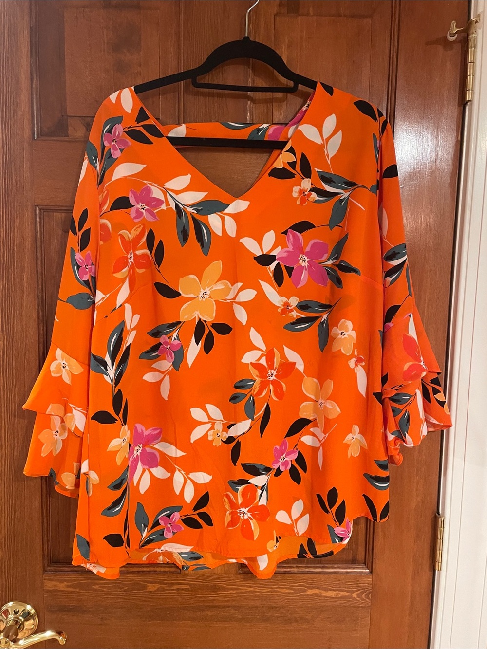 Orange Floral V-Neck Ruffle Sleeve Blouse